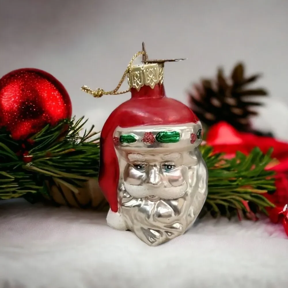 Blue Eyed Old Santa Father Christmas Red Hat Ornament Blown Glass Thomas Pacconi